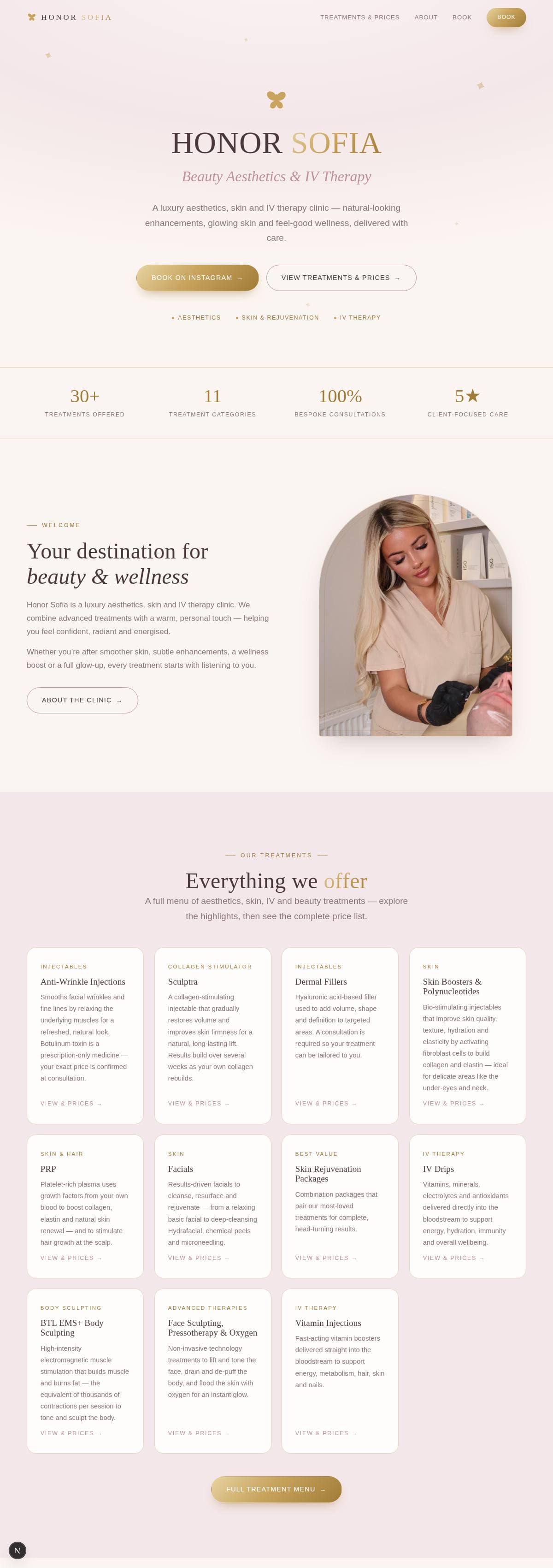 Honor Sofia website — beauty aesthetics and IV therapy homepage